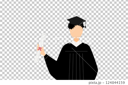A simple illustration of an Asian male graduate wearing a graduation gown and mortarboard holding a diploma 124844159