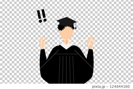 A simple illustration of an Asian male graduate wearing a graduation gown and mortarboard raising his hand in surprise 124844160