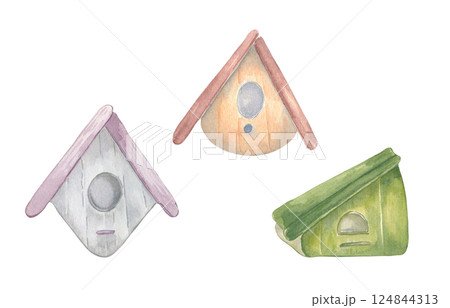 Watercolor birdhouse clipart with soft natural colors isolated on white. Rustic bird home illustration hand painted. Cozy nest for birds warm colors for spring design, greeting cards, kids book. Watercolor birdhouse clipart with soft natural colors isolated on white. Rustic bird home illustration hand painted. Cozy nest for birds warm colors for spring design, greeting cards, kids book. 124844313