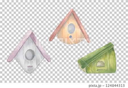 Watercolor birdhouse clipart with soft natural colors isolated on white. Rustic bird home illustration hand painted. Cozy nest for birds warm colors for spring design, greeting cards, kids book. Watercolor birdhouse clipart with soft natural colors isolated on white. Rustic bird home illustration hand painted. Cozy nest for birds warm colors for spring design, greeting cards, kids book. 124844313