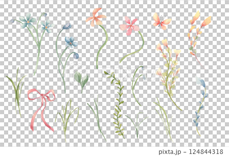 Pink yellow and blue flowers, blade of grass simple drawing sketch isolated. Watercolor floral set in spring rustic style, butterfly and ribbon bow illustration. Meadow plants clipart for design. Pink yellow and blue flowers, blade of grass simple drawing sketch isolated. Watercolor floral set in spring rustic style, butterfly and ribbon bow illustration. Meadow plants clipart for design. 124844318