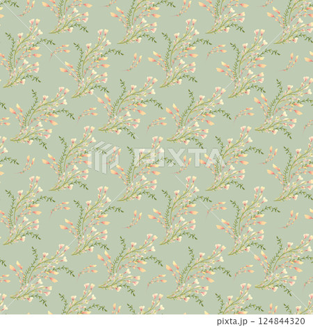 Minimalist botanical seamless design with pale peach and yellow blooms as snapdragons, toadflax. Neutral watercolor flowers pattern hand drawn for nursery decor, wedding invitations, rustic packaging. Minimalist botanical seamless design with pale peach and yellow blooms as snapdragons, toadflax. Neutral watercolor flowers pattern hand drawn for nursery decor, wedding invitations, rustic packaging. 124844320