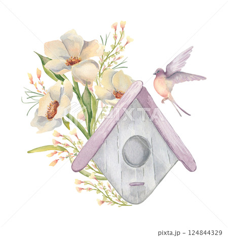 Watercolor creamy peonies, birdhouse and swallow flying in pastel colors illustration isolated on white. Hand painted delicate floral bird house for scrapbooking, children art print, postcards. 124844329