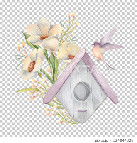 Watercolor creamy peonies, birdhouse and swallow flying in pastel colors illustration isolated on white. Hand painted delicate floral bird house for scrapbooking, children art print, postcards. 124844329