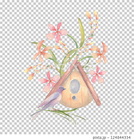 Watercolor birdhouse, spring floral in soft pink peach tones and swallow illustration isolated on white. Phlox or oxalis flowers and bird hand drawn for seasonal design, nursery art print, wall decor. Watercolor birdhouse, spring floral in soft pink peach tones and swallow illustration isolated on white. Phlox or oxalis flowers and bird hand drawn for seasonal design, nursery art print, wall decor. 124844334