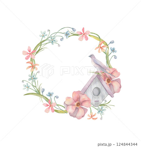 Botanical wreath of soft watercolor birdhouse, spring pink blossoms and swallow isolated on white. Phlox and blue grass flowers, bird hand drawn round frame for seasonal design, nursery art print. 124844344