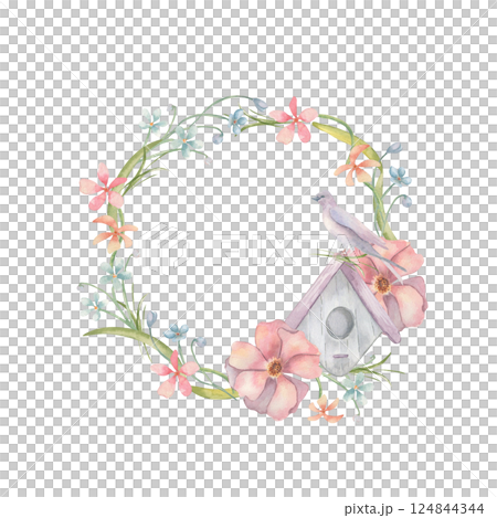 Botanical wreath of soft watercolor birdhouse, spring pink blossoms and swallow isolated on white. Phlox and blue grass flowers, bird hand drawn round frame for seasonal design, nursery art print. 124844344