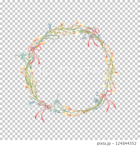 Spring floral wreath yellow and blue delicate flowers and pink little bows isolated on white. Gentle round Easter frame of wildflowers, plants hand drawn for greeting cards, packaging, invitation. 124844352