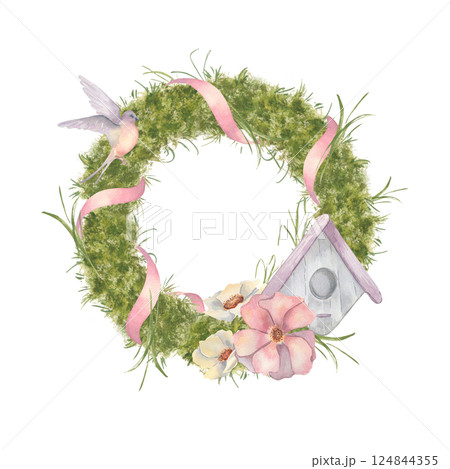 Watercolor spring wreath with moss, soft pink ribbon, birdhouse, and blooming flowers isolated. Hand painted floral frame a wild rose and creamy white anemone blossoms. Delicate wreath country style. 124844355
