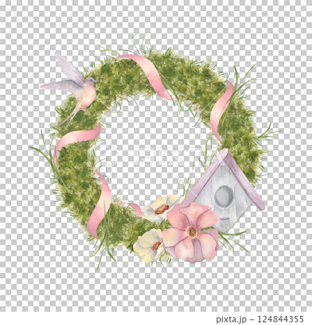 Watercolor spring wreath with moss, soft pink ribbon, birdhouse, and blooming flowers isolated. Hand painted floral frame a wild rose and creamy white anemone blossoms. Delicate wreath country style. 124844355