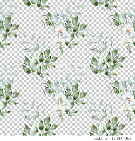 Eucalyptus, white orchids, and holly hand painted floral pattern isolated. Soft pastel watercolor repeated texture of wavy branches and lush greenery hand drawn. Botanical background for fabric prints 124844362
