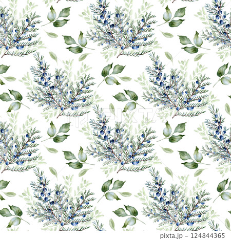 Juniper berry watercolor seamless pattern isolated. Coniferous branches in sage green with delicate blue berries hand drawn. Elegant botanical repeated background for textiles, wrapping paper. Juniper berry watercolor seamless pattern isolated. Coniferous branches in sage green with delicate blue berries hand drawn. Elegant botanical repeated background for textiles, wrapping paper. 124844365