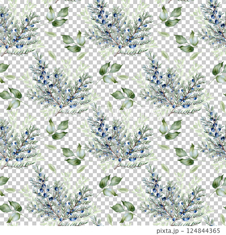 Juniper berry watercolor seamless pattern isolated. Coniferous branches in sage green with delicate blue berries hand drawn. Elegant botanical repeated background for textiles, wrapping paper. Juniper berry watercolor seamless pattern isolated. Coniferous branches in sage green with delicate blue berries hand drawn. Elegant botanical repeated background for textiles, wrapping paper. 124844365