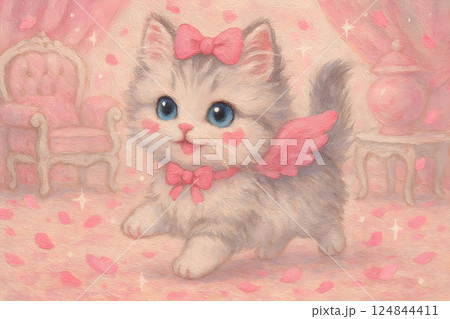 マンチカン子猫がピンクリボンと天使翼をつけ嬉しそうなかわいいプリンセス風油絵アートイラスト 124844411