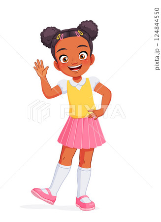 Happy African American school girl waving hand. Cartoon vector illustration. 124844550