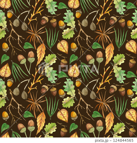Seamless watercolor pattern. Tree branches, nuts, acorns, green leaves, berries, forest plants, all objects are hand-drawn with watercolor. Suitable for printing on fabric, home textiles, design. Seamless watercolor pattern. Tree branches, nuts, acorns, green leaves, berries, forest plants, all objects are hand-drawn with watercolor. Suitable for printing on fabric, home textiles, design. 124844565
