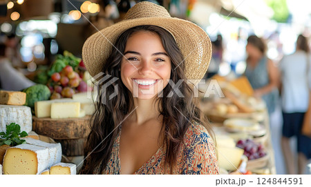 チーズ市場を背景に麦わら帽子を被った白人女性の笑顔 124844591