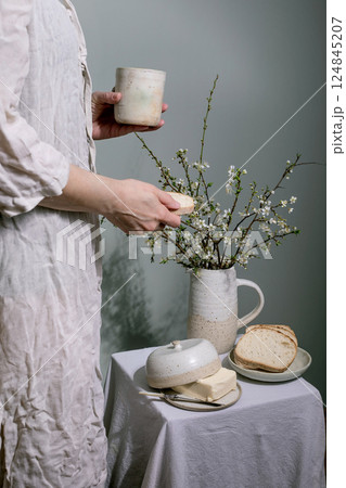 Spring Breakfast With Cherry Blossom Branches Spring Breakfast With Cherry Blossom Branches 124845207