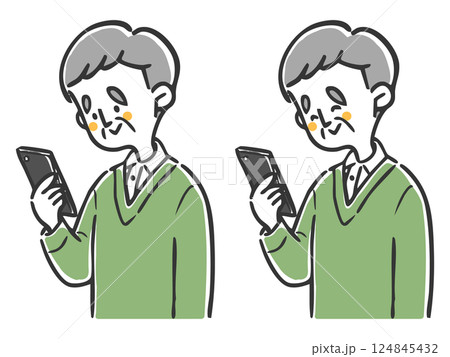 スマホを見るシニア男性　上半身　ベクター 124845432