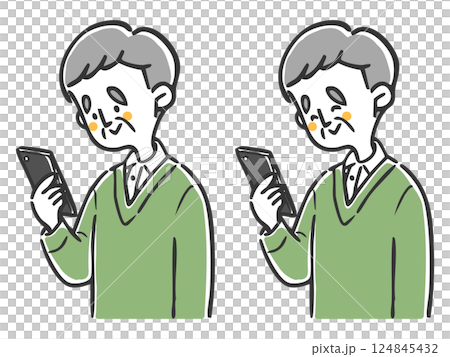 スマホを見るシニア男性　上半身　ベクター 124845432