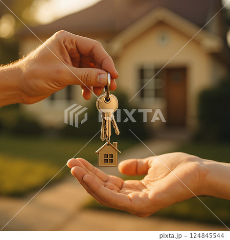 Hands exchange house-shaped keychain, symbolizing real estate transaction. Sunlight softly illuminates, with a blurred house background, conveying warmth and new beginnings 124845544