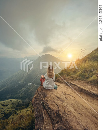 Blonde woman and sunset at Little Adam's Peak, Sri Lanka 124845565