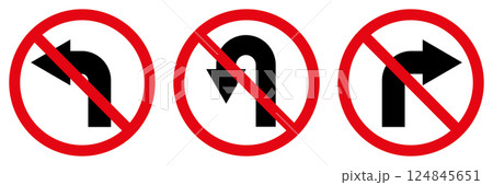 No left right and U turn sign symbol, prohibitory traffic sign, red crossed out circle symbol with arrow 124845651