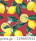 Tropical seamless pattern with yellow lemons. Fruit watercolor painted illustration 124845932