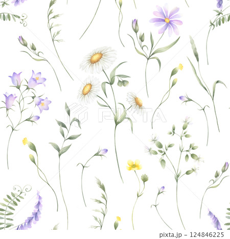 Seamless floral pattern of watercolor wildflowers chamomile, bellflower, buttercup, mouse pea and grasses isolated from background. Hand drawn meadow yellow and lilac flowers for fabric print, cards. Seamless floral pattern of watercolor wildflowers chamomile, bellflower, buttercup, mouse pea and grasses isolated from background. Hand drawn meadow yellow and lilac flowers for fabric print, cards. 124846225