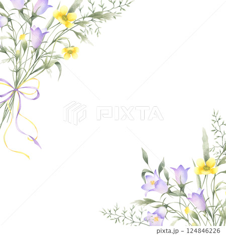 Bouquet of watercolor wildflowers lilac bellflower, yellow buttercup and meadow grasses tied ribbon bow. Hand drawn isolated square frame of flowers with copy space for invitations, postcard, cards. Bouquet of watercolor wildflowers lilac bellflower, yellow buttercup and meadow grasses tied ribbon bow. Hand drawn isolated square frame of flowers with copy space for invitations, postcard, cards. 124846226