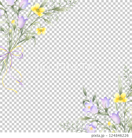 Bouquet of watercolor wildflowers lilac bellflower, yellow buttercup and meadow grasses tied ribbon bow. Hand drawn isolated square frame of flowers with copy space for invitations, postcard, cards. 124846226