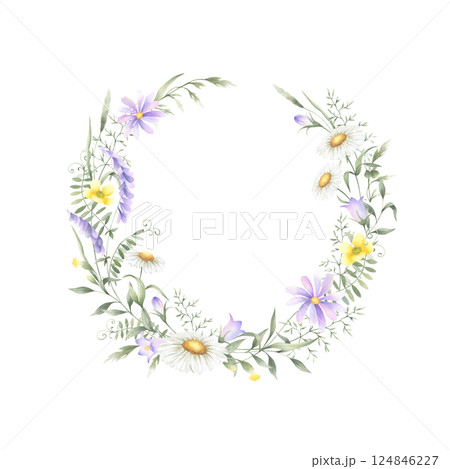 Wildflowers chamomile, bellflower, buttercup, mouse pea and meadow grasses round wreath. Hand drawn isolated watercolor illustration of yellow, lilac flowers with copy space for invitations, postcard. Wildflowers chamomile, bellflower, buttercup, mouse pea and meadow grasses round wreath. Hand drawn isolated watercolor illustration of yellow, lilac flowers with copy space for invitations, postcard. 124846227