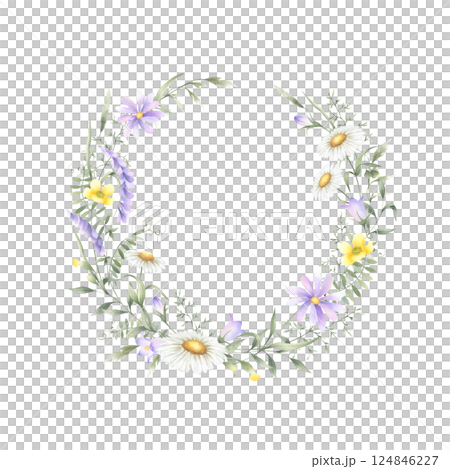 Wildflowers chamomile, bellflower, buttercup, mouse pea and meadow grasses round wreath. Hand drawn isolated watercolor illustration of yellow, lilac flowers with copy space for invitations, postcard. Wildflowers chamomile, bellflower, buttercup, mouse pea and meadow grasses round wreath. Hand drawn isolated watercolor illustration of yellow, lilac flowers with copy space for invitations, postcard. 124846227