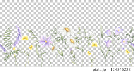 Seamless floral border of watercolor wildflowers chamomile, bellflower, buttercup and grasses isolated from background. Hand drawn meadow yellow and lilac flowers for fabric print, packaging, cards. Seamless floral border of watercolor wildflowers chamomile, bellflower, buttercup and grasses isolated from background. Hand drawn meadow yellow and lilac flowers for fabric print, packaging, cards. 124846228