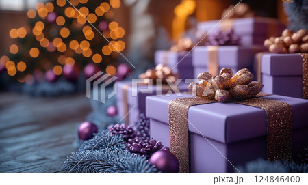 Closeup craft pink gift box purple holiday background, copy space, banner Merry Christmas, New Year 124846400