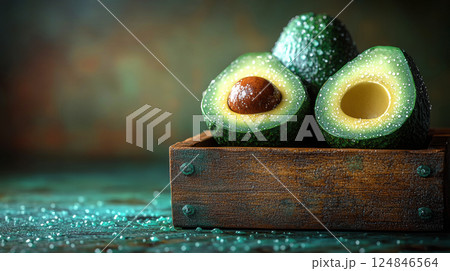 Group avocados, leaves green, sliced, top view avocado leaves, space text, vegetarian food, vitamin 124846564