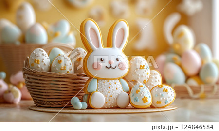 Easter colored cookies shape chickens bunnies covered icing, copy space. Holidays greeting cards Easter colored cookies shape chickens bunnies covered icing, copy space. Holidays greeting cards 124846584