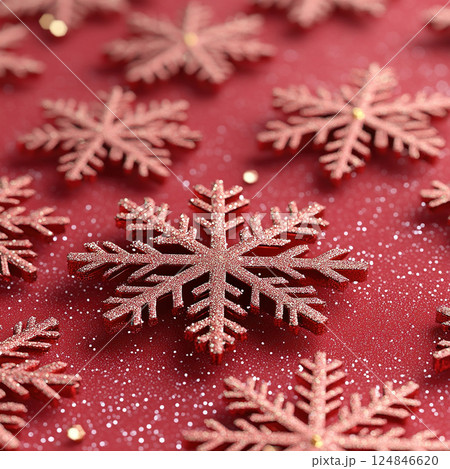 Merry Christmas, Happy New Year. Pink background golden white Christmas snowflakes close up 124846620