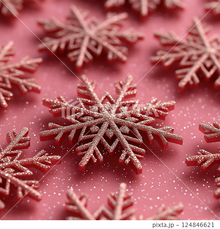 Merry Christmas, Happy New Year. Pink background golden white Christmas snowflakes close up 124846621