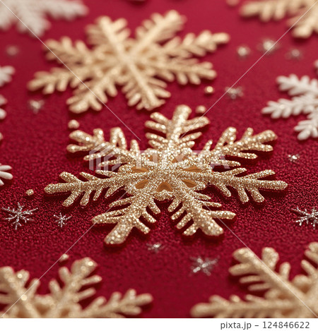Merry Christmas, Happy New Year. Red background golden white Christmas snowflakes close up 124846622