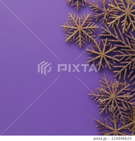 Merry Christmas, Happy New Year. Purple violet background golden white Christmas snowflakes close up 124846625