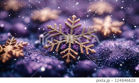 Merry Christmas, Happy New Year. Purple violet background golden white Christmas snowflakes close up 124846628