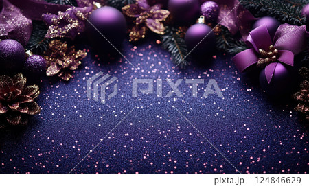 Holiday Merry Christmas, Happy New Year. Dark, gold, violet background, flat top view, luxury ribbons 124846629