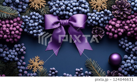 Holiday Merry Christmas, Happy New Year. Dark, gold, violet background, flat top view, luxury ribbons 124846631