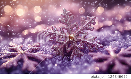 Merry Christmas, Happy New Year. Purple violet background golden white Christmas snowflakes close up 124846633