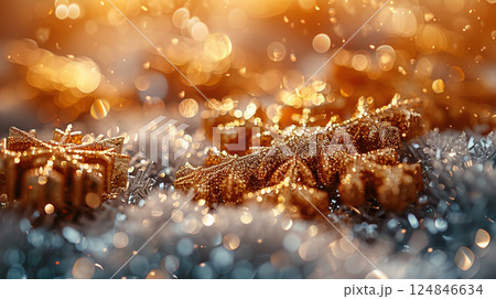Merry Christmas, Happy New Year. Glitter yellow background golden Christmas snowflakes close up 124846634