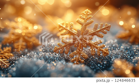 Merry Christmas, Happy New Year. Glitter yellow background golden Christmas snowflakes close up 124846635