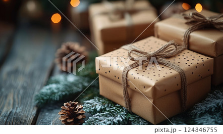 Merry Christmas New Year, cardboard gift boxes natural ribbon bow celebration, copy space, pine cone Merry Christmas New Year, cardboard gift boxes natural ribbon bow celebration, copy space, pine cone 124846755