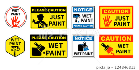 Caution Wet Paint Sign Set. Editable Vector Warning Signs with text and Brush, Paint, and Human Icons.. Caution Wet Paint Sign Set. Editable Vector Warning Signs with text and Brush, Paint, and Human Icons.. 124846813