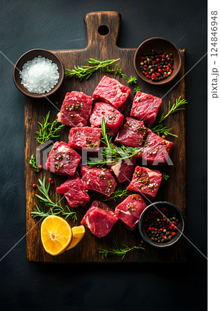 Fresh cuts of beef on a wooden cutting board garnished with herbs and spices for culinary preparations in a stylish kitchen setting 124846948